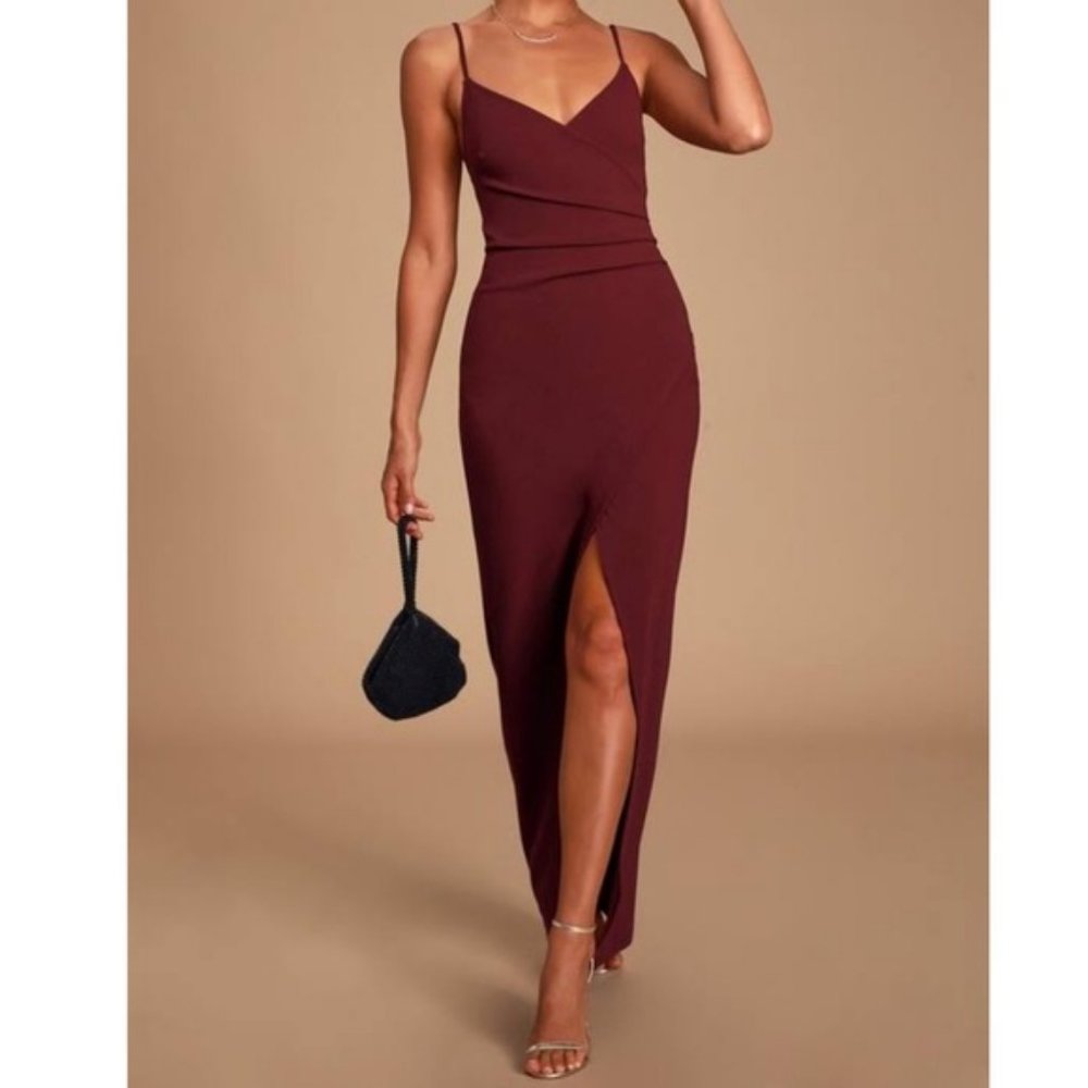 Lulu’s Burgundy Ruched Surplice Maxi Dress
